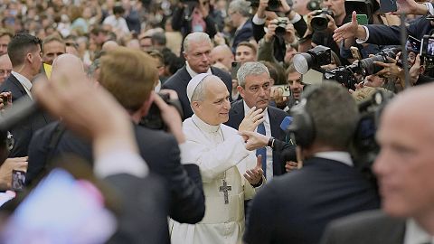 Pope Leo XIV meets members of the international media in the Paul VI Hall at the Vatican, 12 May 2025