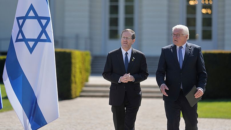 Frank-Walter Steinmeier hat den israelischen Präsidenten Isaac Herzog in Berlin empfangen, 12. Mai 2025.
