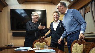 Prime Minister Keir Starmer, Emmanuel Macron and Chancellor Friedrich Merz onboard a train to Kyiv, 9 May 2025.
