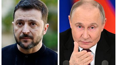 Le président ukrainien Volodymyr Zelensky, à Paris, le 27 mars 2025, et le président russe Vladimir Poutine à Moscou, le 11 mai 2025