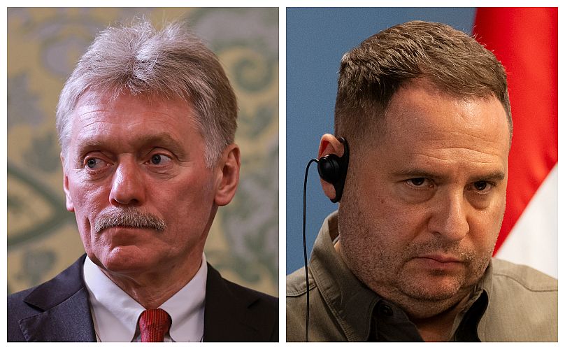 Le porte-parole du Kremlin Dmitri Peskov, le 10 mai 2025 à Moscou, et le chef de l'administration présidentielle d'Ukraine Andriy Yermak, à Kamianytsia le 29 janvier 2024