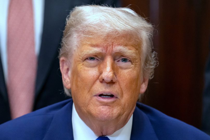 President Donald Trump answers a reporter's question during an event in the Roosevelt Room at the White House, Monday, May 12, 2025, in Washington.