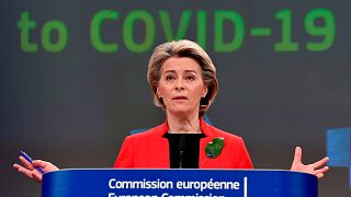 European Commission President Ursula von der Leyen speaks during a media conference on the Commissions response to COVID-19 after a meeting in Brussels. 