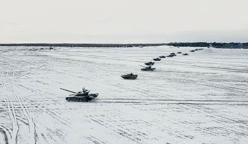 Tanks move during the Belarusian and Russian joint military drills at Brestsky firing range in Belarus right before full-scale invasion of Ukraine, 4 February 2022