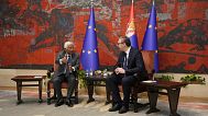 European Council President Antonio Costa, left, speaks during talks with Serbian President Aleksandar Vucic at the Serbia Palace in Belgrade, Serbia, Tuesday, May 13, 2025.