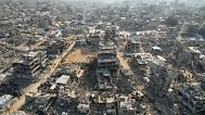 An aerial photograph taken by a drone shows the destruction caused by the Israeli air and ground offensive in Beit Lahiya, 17 February, 2025