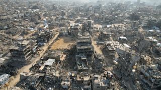 An aerial photograph taken by a drone shows the destruction caused by the Israeli air and ground offensive in Beit Lahiya, 17 February, 2025