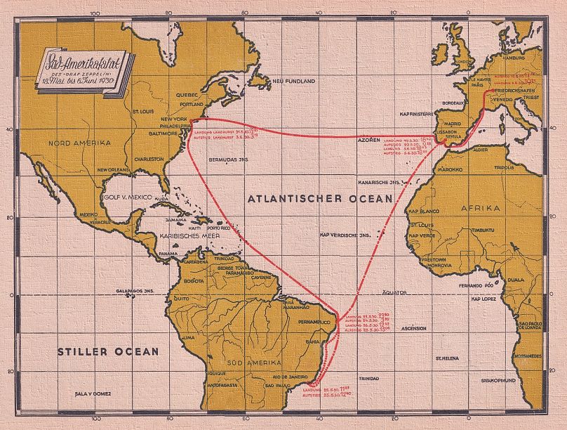 Map of the Graf Zeppelin's triangular trip between Europe, South America and the United States in 1930.