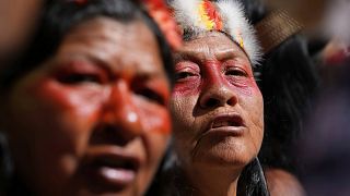Waorani Indigenous people protest outside the Constitutional Court, Ecuador, Tuesday, May 13, 2025. 