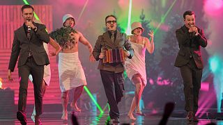 KAJ from Sweden performs the song "Bara Bada Bastu" during the first semi-final of the 69th Eurovision Song Contest, in Basel, Switzerland, Tuesday, May 13, 2025.