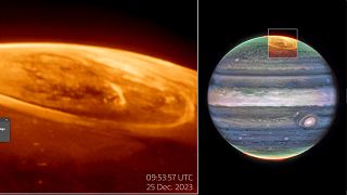 This image provided by NASA shows new details of the auroras on Jupiter captured by the James Webb Space Telescope.