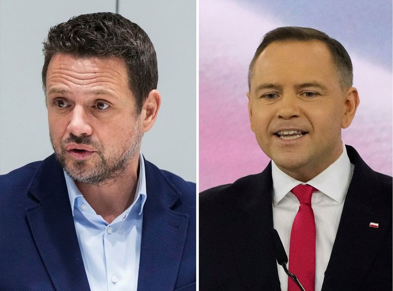 Prezydent Warszawy Rafał Trzaskowski, po lewej, w Warszawie, Polska, 14 marca 2022 r. i Karol Nawrocki w Szeligach pod Warszawą,