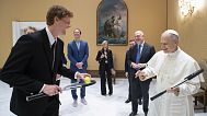 Italian tennis ace Jannik Sinner shares a light-hearted moment with Pope Leo XIV during their meeting at the Vatican, Wednesday 14 May 2025.