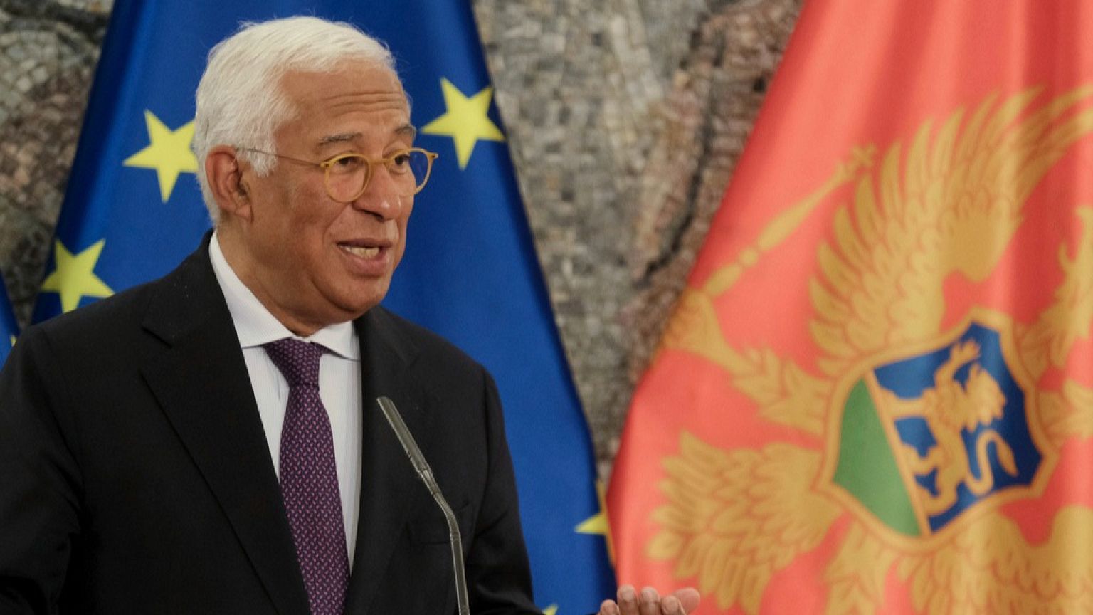 European Council President Antonio Costa speaks during a press conference after talks with Montenegro's President Jakov Milatovic in Montenegro's capital Podgorica, Wednesday,