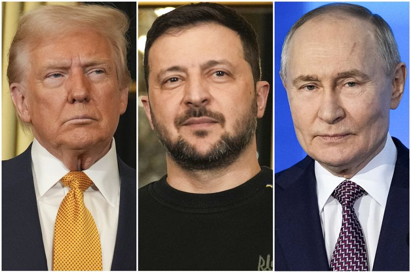 FILE - In this combination of file photos, President Donald Trump, left, and Ukraine's President Volodymyr Zelenskyy, center, are seen at the Elysee Palace, Dec. 7, 2024 in Pa
