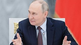 Russian President Vladimir Putin speaks at a meeting of the board of trustees of Bolshoi and Mariinsky theatres at the Kremlin Senate in Moscow, Russia, Tuesday, May 13, 2025.