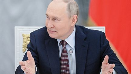 Russian President Vladimir Putin speaks at a meeting of the board of trustees of Bolshoi and Mariinsky theatres at the Kremlin Senate in Moscow, Russia, Tuesday, May 13, 2025.