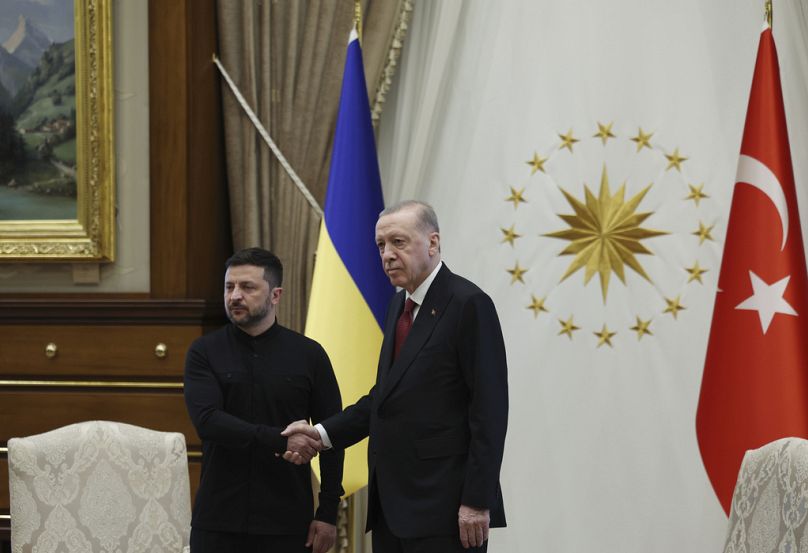 الرئيس رجب طيب أردوغان يصافح نظيره الأوكراني فولوديمير زيلينسكي خلال لقائهما في القصر الرئاسي في أنقرة، الخميس 15 أيار/ مايو 2025.