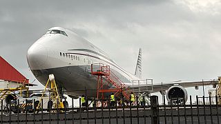 A Boeing 747 with the color scheme of planes used by the Qatari royal family is seen Friday, May 2, 2025 at San Antonio International Airport in San Antonio, Texas.