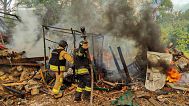 Provided by the Ukrainian Emergency Service - firefighters extinguish a fire after Russia's air raid in the village of Bilopillya in the Sumy region, Ukraine, 14.05.2025