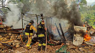 Provided by the Ukrainian Emergency Service - firefighters extinguish a fire after Russia's air raid in the village of Bilopillya in the Sumy region, Ukraine, 14.05.2025