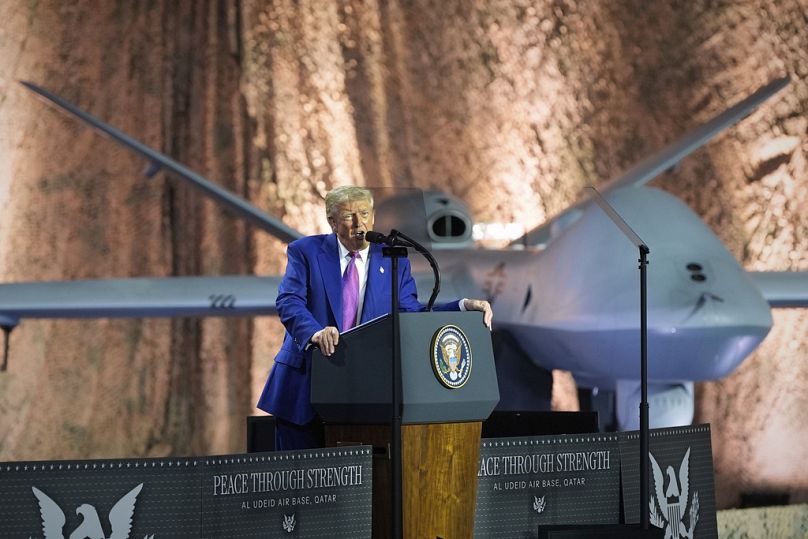 President Donald Trump speaks at the Al Udeid Air Base, Thursday, May 15, 2025, in Doha, Qatar