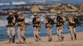 A Spanish Navy unit takes part in the NATO Dynamic Mariner/Flotex-25 naval exercise in Barbate, southern Spain, on March 28, 2025.