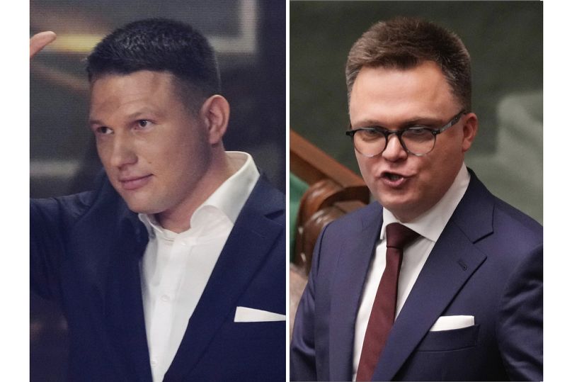 Sławomir Mentzen, po lewej, w Katowicach, 23 września 2023 r. i Szymon Hołownia w Warszawie