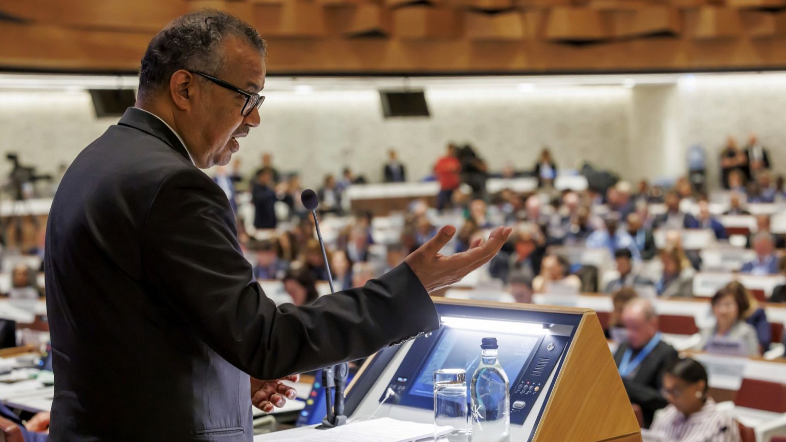 WHO chief Dr Tedros Adhanom Ghebreyesus speaks at the 2024 World Health Assembly in Geneva. WHO chief Dr Tedros Adhanom Ghebreyesus speaks at the 2024 World Health Assembly in Geneva.