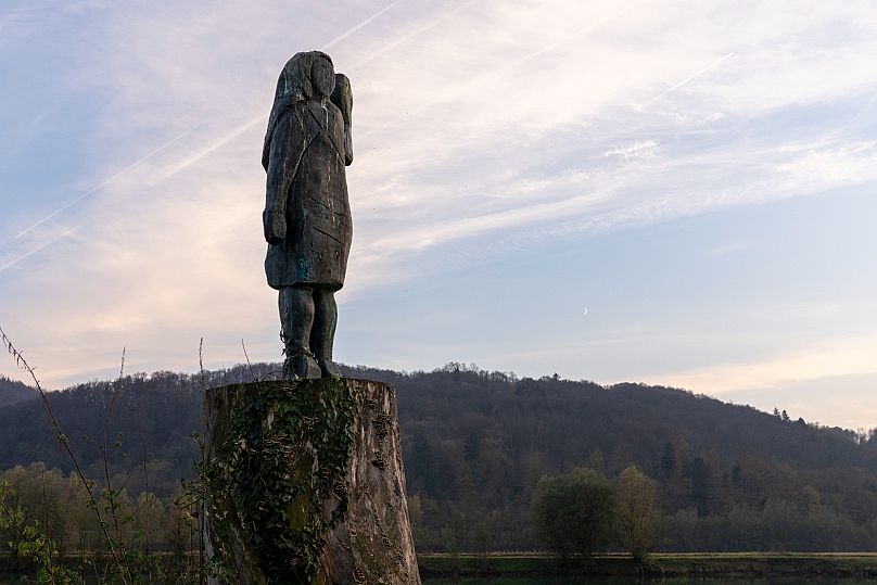 The bronze sculpture representing Melania Trump stands on a bank of the Sava river in the village of Rozno, near her hometown of Sevnica, Slovenia - 6 Nov. 2024