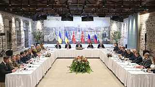 Russian and Ukrainian delegations attend talks at the Dolmabache palace, in Istanbul, Turkey, Friday, May 16, 2025.