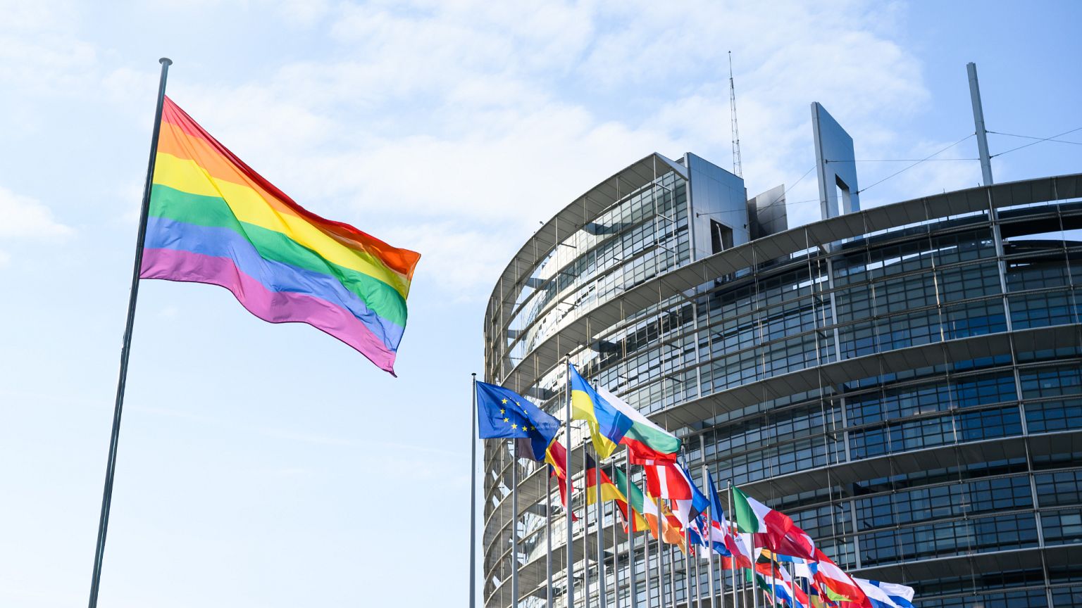 International Day Against Homophobia, Biphobia, Intersexism and Transphobia (IDAHOBIT) - Rainbow flag next to the EP building in Strasbourg.