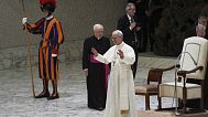 Pope Leo XIV meets with members of the international media in the Paul VI Hall at the Vatican, Monday, May 12, 2025. (AP Photo/Domenico Stinellis)