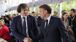 Georgian Prime Minister Irakli Kobakhidze and French President Emmanuel Macron in Tirana, 16 May 2025