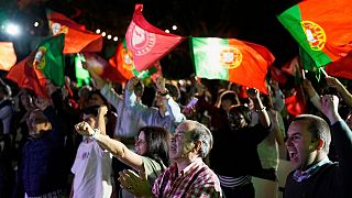 Socialist Party supporters react at the end of an election campaign closing rally in Lisbon, Friday, May 16, 2025, ahead of the May 18 general election. 