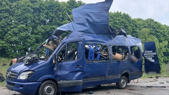 Russian drone strike on passenger bus kills nine in northeastern Ukraine