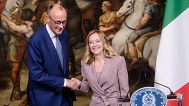 Italy's Prime Minister Giorgia Meloni meets with German Chancellor Friedrich Merz at Palazzo Chigi, seat of the Italian Government in Rome, Saturday, May 17, 2025.