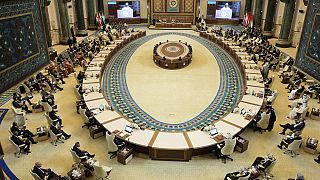 Arab leaders attend the opening session of the 34th Arab League summit, in Baghdad, Iraq, Saturday, May 17, 2025.