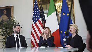 Vice President JD Vance, from left, Italy's Prime Minister Giorgia Meloni and EU Commission President Ursula von der Leyen meet at the Chigi Palace, Rome, Italy, 18.05.2025.