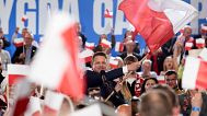 Warsaw's Mayor and presidential candidate Rafal Trzaskowski celebrates the exit poll results during presidential election night in Sandomierz, 18 May 2025