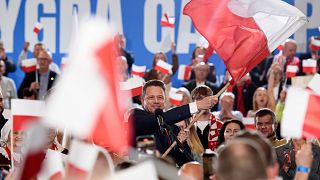 Warsaw's Mayor and presidential candidate Rafal Trzaskowski celebrates the exit poll results during presidential election night in Sandomierz, 18 May 2025