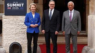 European Commission chief Ursula von der Leyen , left, British Prime Minister Keir Starmer (C), European Council head Antonio Costa in London on May 19, 2025.