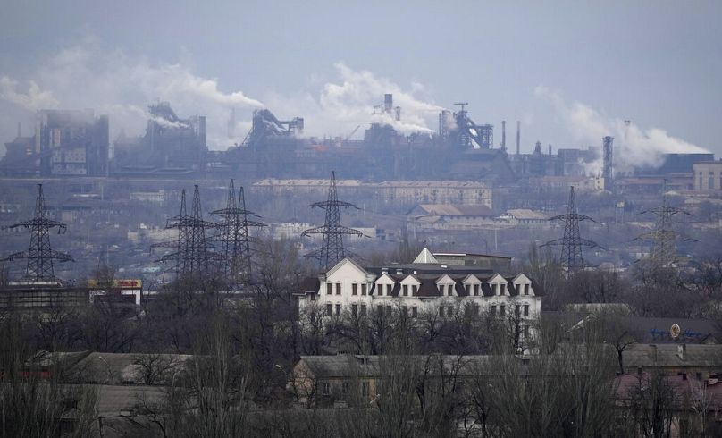 A metallurgical plant is seen on the outskirts of the city of Mariupol, Ukraine, Thursday, Feb. 24, 2022.