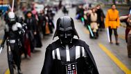 Fans dressed in costumes take part in a parade celebrating the month of May as Star Wars’ month, in Santiago, Chile, Saturday, May 17, 2025.