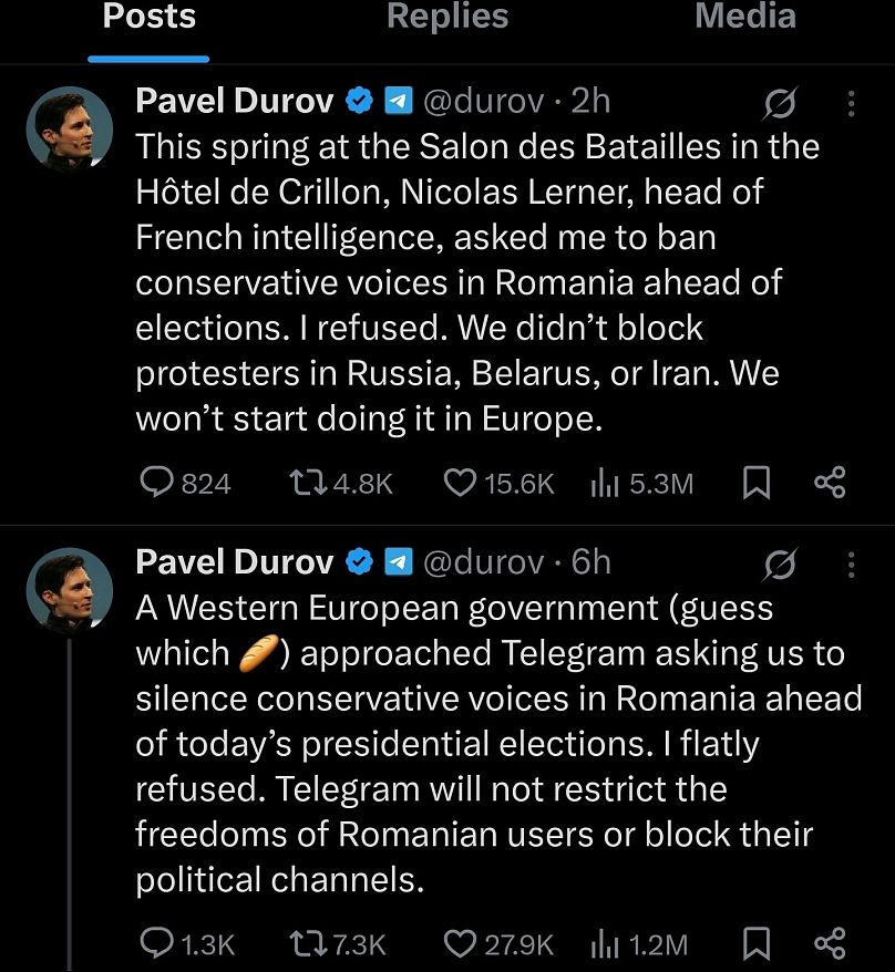 A screenshot of Pavel Durov's X posts about alleged French interference in Telegram