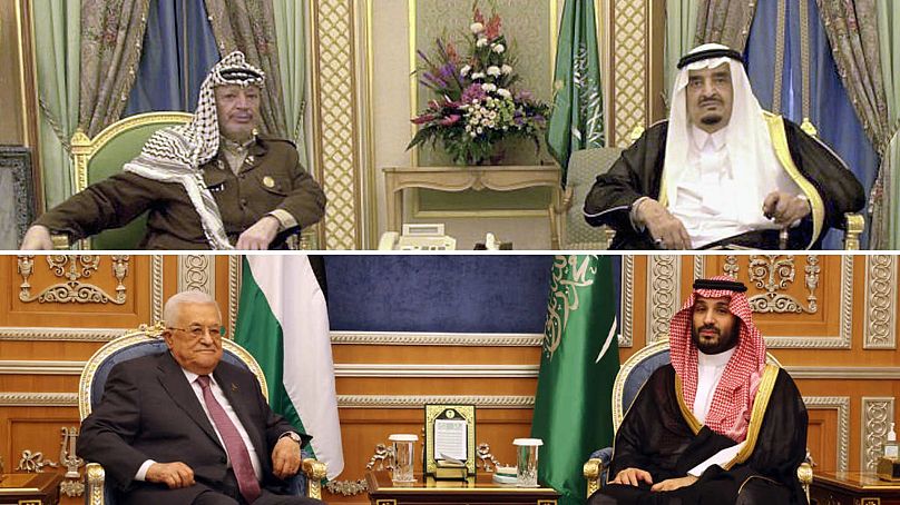 (1) Jasszer Arafat és Szalmán király 2005-ben (2) Mahmúd Abbász és MBS koronaherceg 2023-ban