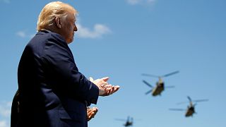 Trump applauds Army helicopters at the United States Military Academy in West Point, 2020