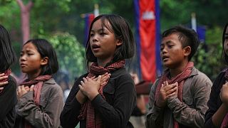 Cambodian students from Royal University of Fine Arts reenact as they perform the Khmer Rouge dancing, on the outskirt of Phnom Penh, Cambodia Tuesday, May 20, 2025. 