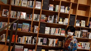 Books displayed at the Haruki Murakami Library at Waseda University in Tokyo, 22 September 2021 