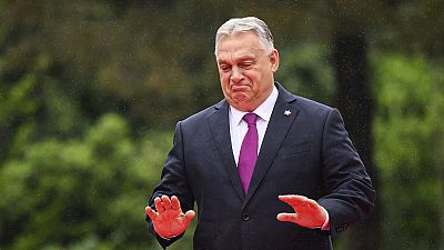 Hungarian Prime Minister Viktor Orban, arrives at European Political Community summit in Skanderbeg Square in Tirana, Albania, on Friday, May 16, 2025. (Leon Neal/Pool via AP)